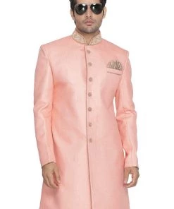 Vastramay Men's Pink Jute Cotton Blend Sherwani Top Sherwani/Indowestern Sets