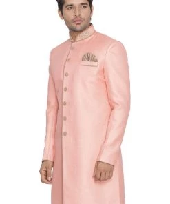 Vastramay Men's Pink Jute Cotton Blend Sherwani Top Sherwani/Indowestern Sets