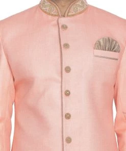 Vastramay Men's Pink Jute Cotton Blend Sherwani Set Sherwani/Indowestern Sets