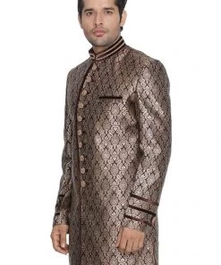 VASTRAMAY Men's Brown Silk Blend Sherwani Top