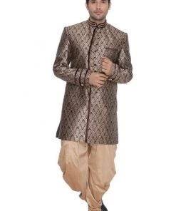 Vastramay Men's Brown Cotton Silk Blend Sherwani Set Sherwani/Indowestern Sets
