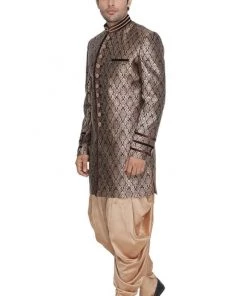 Vastramay Men's Brown Cotton Silk Blend Sherwani Set Sherwani/Indowestern Sets