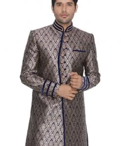 VASTRAMAY Men's Dark Blue Silk Blend Sherwani-Only Top Buy 1 Get 1