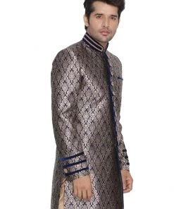VASTRAMAY Men's Dark Blue Silk Blend Sherwani-Only Top Buy 1 Get 1