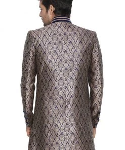 VASTRAMAY Men's Dark Blue Silk Blend Sherwani-Only Top Buy 1 Get 1