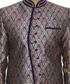 VASTRAMAY Men's Dark Blue Silk Blend Sherwani-Only Top Buy 1 Get 1