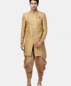 Vastramay Men's Beige Silk Blend Sherwani Only Top
