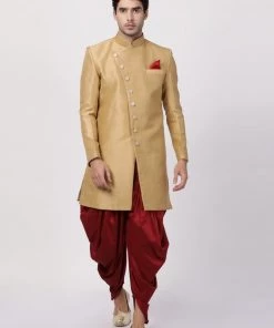 Vastramay Men's Beige Silk Blend Sherwani Set