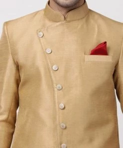 Vastramay Men's Beige Silk Blend Sherwani Set