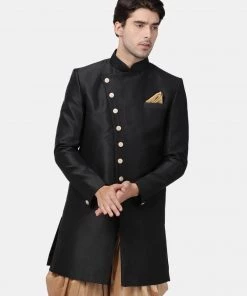 Vastramay Men's Black Silk Blend Sherwani Only Top
