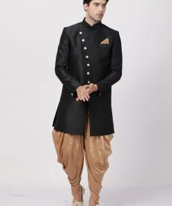 Vastramay Men's Black Silk Blend Sherwani Set