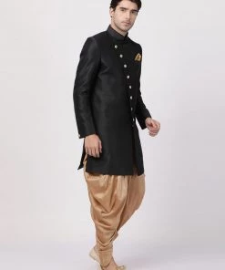 Vastramay Men's Black Silk Blend Sherwani Set