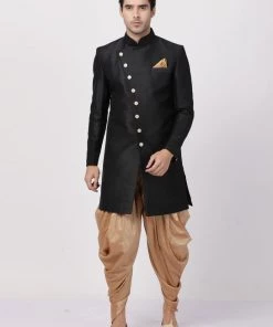 Vastramay Men's Black Silk Blend Sherwani Set