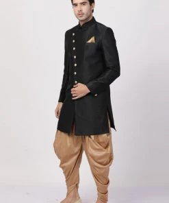 Vastramay Men's Black Silk Blend Sherwani Set