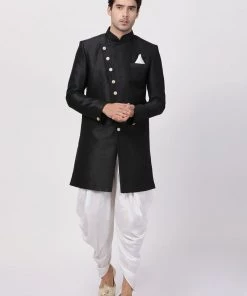 Vastramay Men's Black Silk Blend Sherwani Set