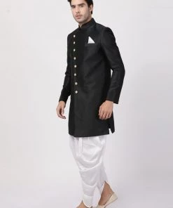 Vastramay Men's Black Silk Blend Sherwani Set 9 Vastramay Men's Black Silk Blend Sherwani Set