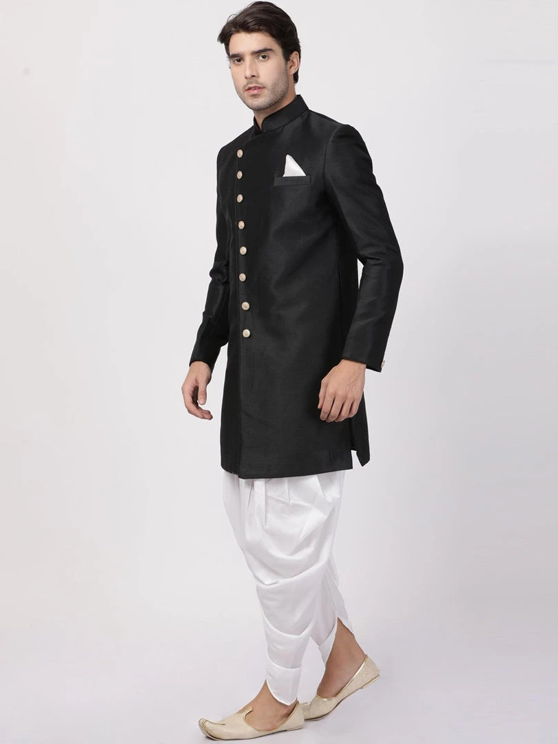 Vastramay Men's Black Silk Blend Sherwani Set 4 Vastramay Men's Black Silk Blend Sherwani Set