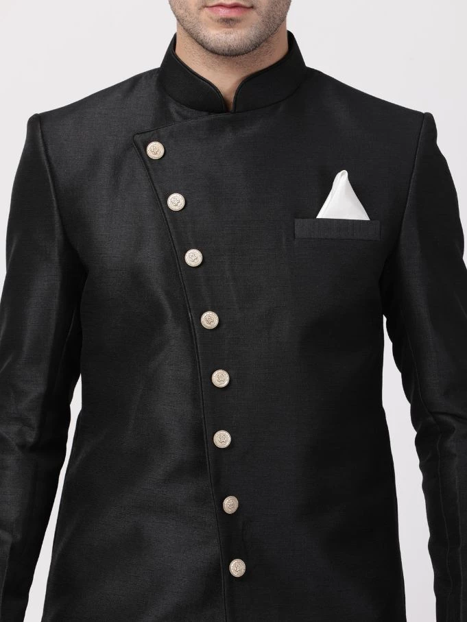 Vastramay Men's Black Silk Blend Sherwani Set 5 Vastramay Men's Black Silk Blend Sherwani Set