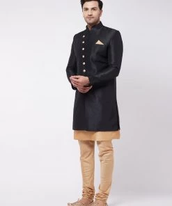 VASTRAMAY Men's Black Angrakha Style Indo Western Over Rose Gold Kurta Pyjama Set 12 VASTRAMAY Men's Black Angrakha Style Indo Western Over Rose Gold Kurta Pyjama Set