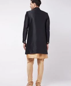 VASTRAMAY Men's Black Angrakha Style Indo Western Over Rose Gold Kurta Pyjama Set 13 VASTRAMAY Men's Black Angrakha Style Indo Western Over Rose Gold Kurta Pyjama Set