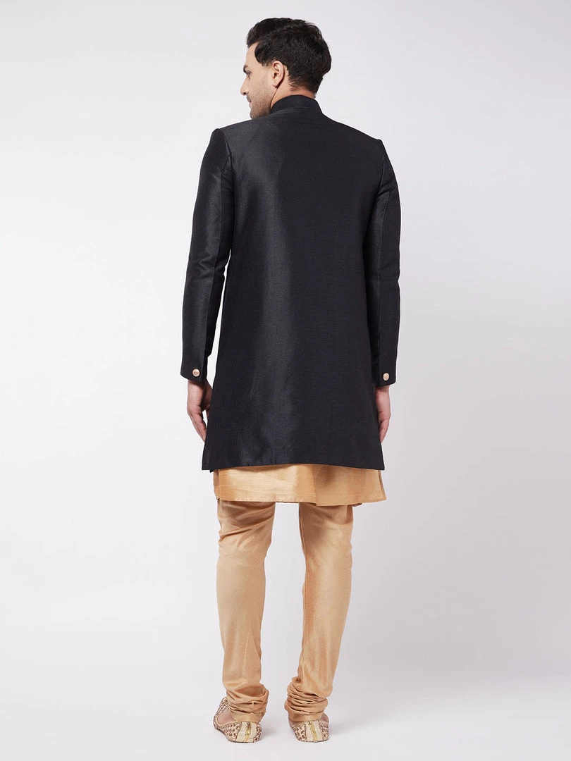 VASTRAMAY Men's Black Angrakha Style Indo Western Over Rose Gold Kurta Pyjama Set 6 VASTRAMAY Men's Black Angrakha Style Indo Western Over Rose Gold Kurta Pyjama Set