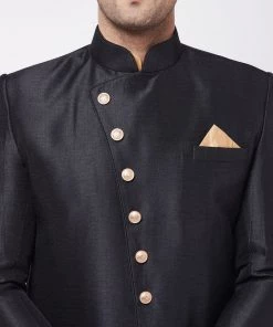 VASTRAMAY Men's Black Angrakha Style Indo Western Over Rose Gold Kurta Pyjama Set 14 VASTRAMAY Men's Black Angrakha Style Indo Western Over Rose Gold Kurta Pyjama Set