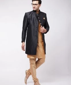 VASTRAMAY Men's Black Angrakha Style Indo Western Over Rose Gold Kurta Pyjama Set 16 VASTRAMAY Men's Black Angrakha Style Indo Western Over Rose Gold Kurta Pyjama Set