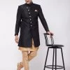 VASTRAMAY Men's Black Angrakha Style Indo Western Over Rose Gold Kurta Pyjama Set