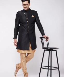 VASTRAMAY Men's Black Angrakha Style Indo Western Over Rose Gold Kurta Pyjama Set