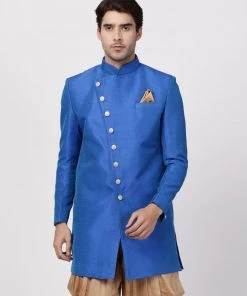VASTRAMAY Men's Blue Silk Blend Sherwani Only Top