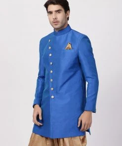 VASTRAMAY Men's Blue Silk Blend Sherwani Only Top
