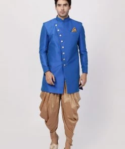 Vastramay Men's Blue Silk Blend Sherwani Set