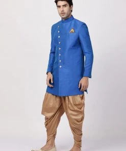 Vastramay Men's Blue Silk Blend Sherwani Set