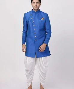 Vastramay Men's Blue Silk Blend Sherwani Set