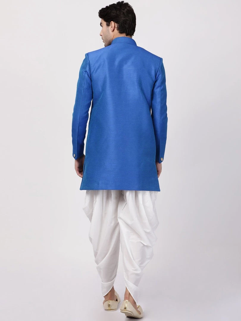 Vastramay Men's Blue Silk Blend Sherwani Set 4 Vastramay Men's Blue Silk Blend Sherwani Set
