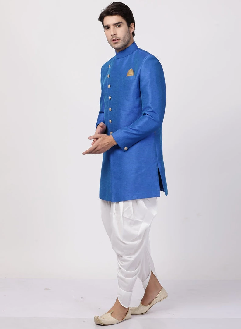 Vastramay Men's Blue Silk Blend Sherwani Set 5 Vastramay Men's Blue Silk Blend Sherwani Set