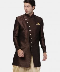 Vastramay Men's Brown Silk Blend Sherwani Only Top