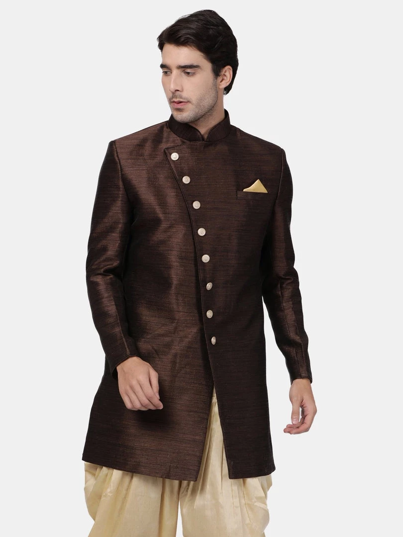 Vastramay Men's Brown Silk Blend Sherwani Only Top 3 Vastramay Men's Brown Silk Blend Sherwani Only Top