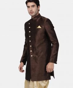 Vastramay Men's Brown Silk Blend Sherwani Only Top