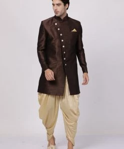 Vastramay Men's Brown Silk Blend Sherwani Set