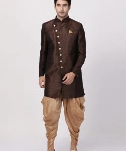 Vastramay Men's Brown Silk Blend Sherwani Set