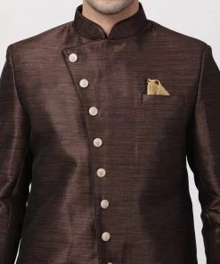Vastramay Men's Brown Silk Blend Sherwani Set