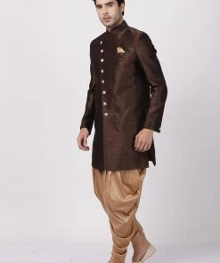 Vastramay Men's Brown Silk Blend Sherwani Set