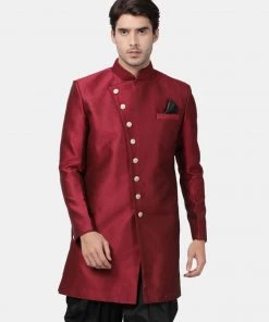 Vastramay Men's Maroon Silk Blend Sherwani Only Top
