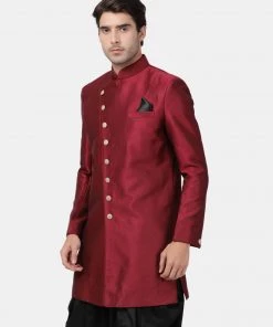 Vastramay Men's Maroon Silk Blend Sherwani Only Top