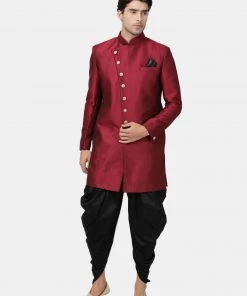 Vastramay Men's Maroon Silk Blend Sherwani Only Top