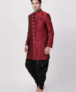 Vastramay Men's Maroon Silk Blend Sherwani Set