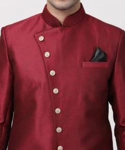 Vastramay Men's Maroon Silk Blend Sherwani Set