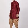 Vastramay Men's Maroon Silk Blend Sherwani Set