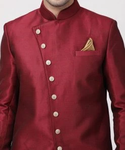 Vastramay Men's Maroon Silk Blend Sherwani Set